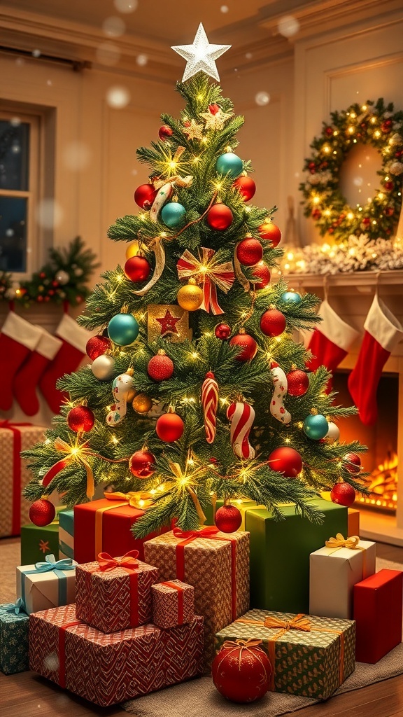 A decorated Christmas tree with presents and stockings in a cozy living room.